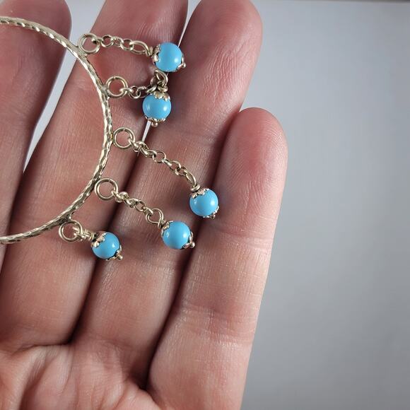 Sterling Silver Hoop Earrings Blue Beads 3 Inch Vintage Dangle Jewelry - Picture 7 of 10